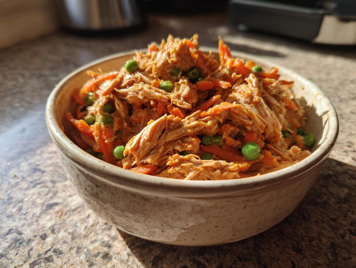 Close-up of a bowl of high-protein turkey cat food with shredded turkey, carrots, and peas.