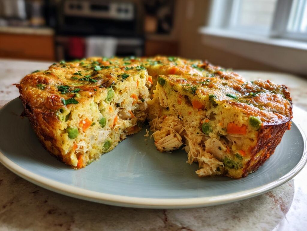 A slice of delicious Homemade Cat Birthday Cake with chicken and vegetables on a plate.