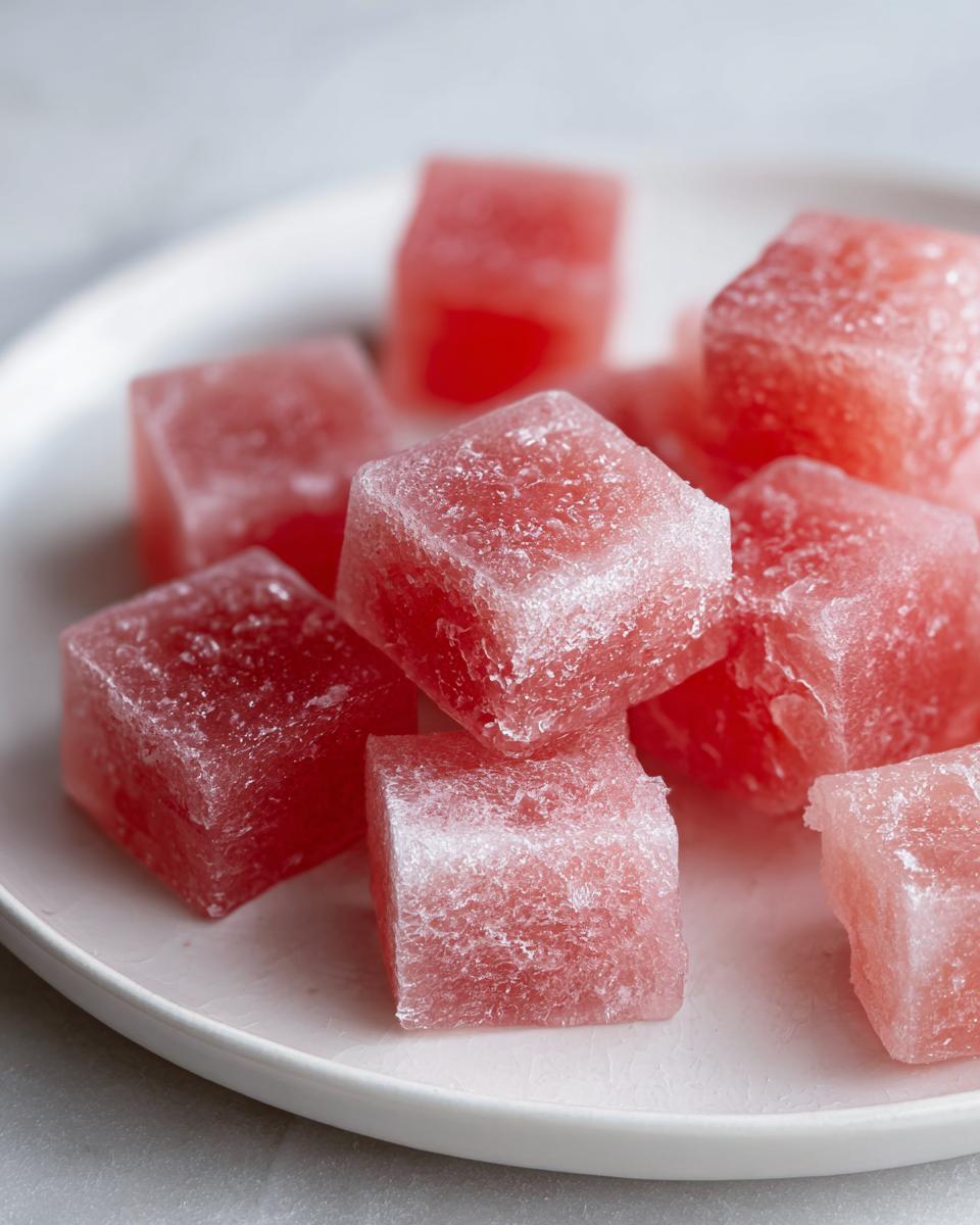 Close-up of Homemade Cat Ice Treats, red cubes on a white plate, perfect for cooling down your cat.