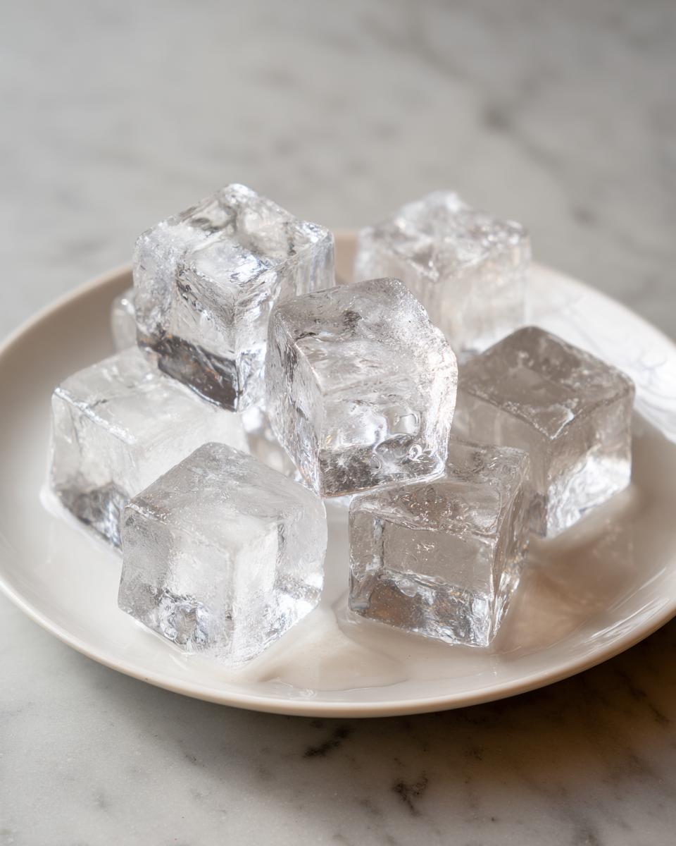 Close-up of clear ice cubes on a white plate, perfect for Homemade Cat Ice Treats.