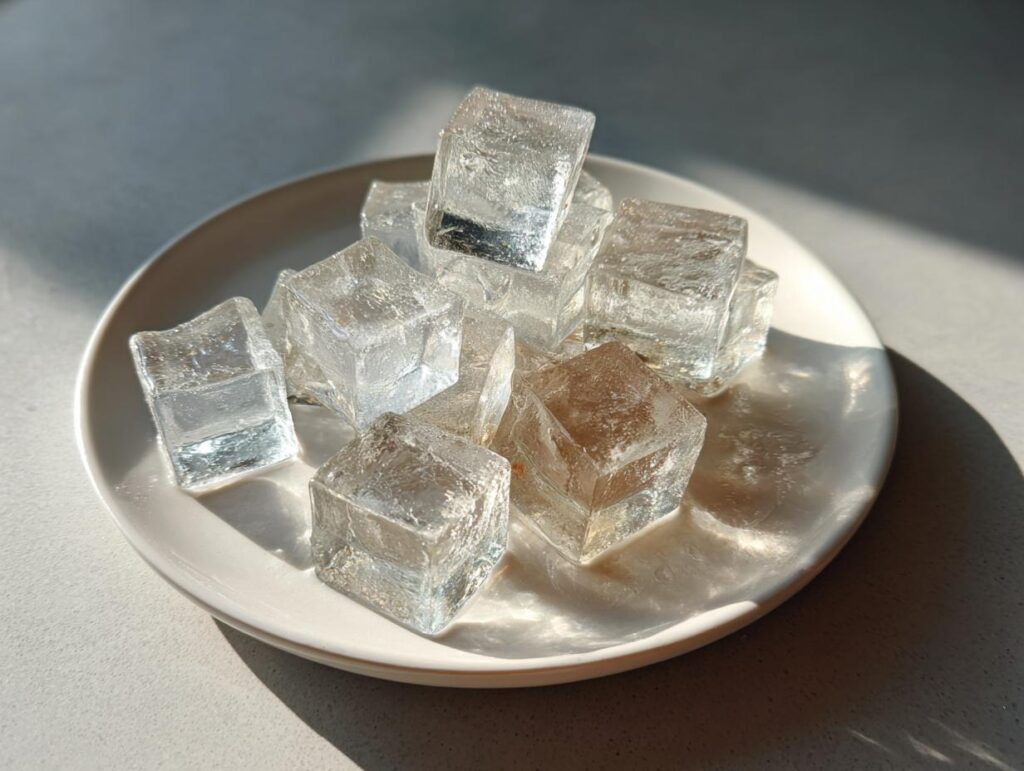 Close-up of Homemade Cat Ice Treats on a white plate, perfect for cooling down your cat.