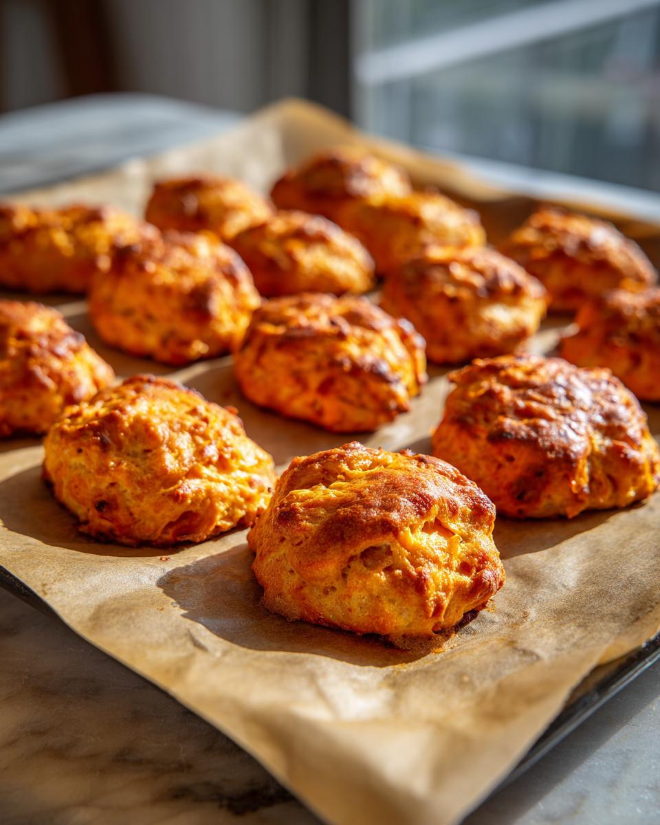 Tray of freshly baked Homemade Salmon Cat Biscuits on parchment paper.