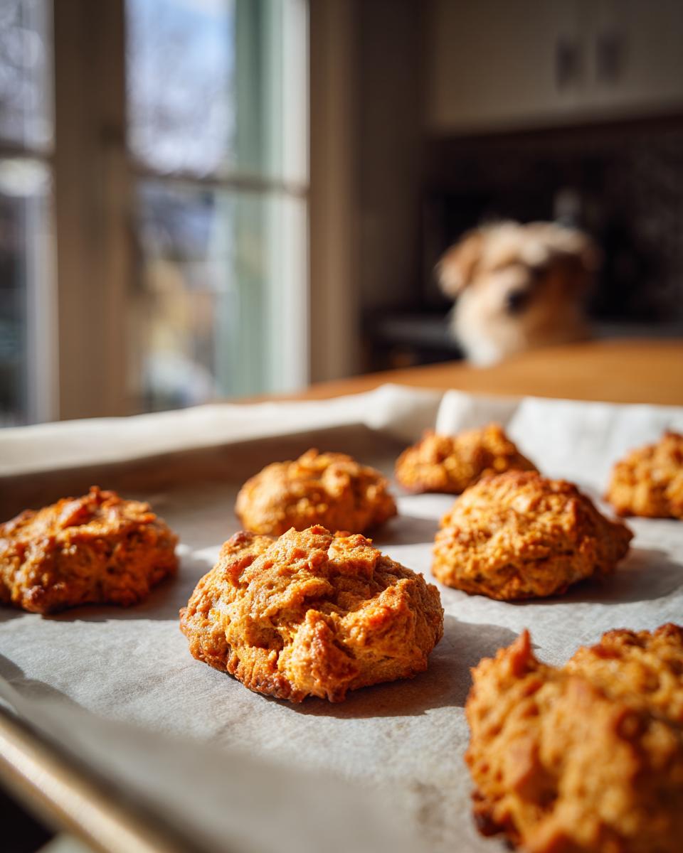 Close-up of freshly baked Homemade Salmon Cat Biscuits on a baking sheet.