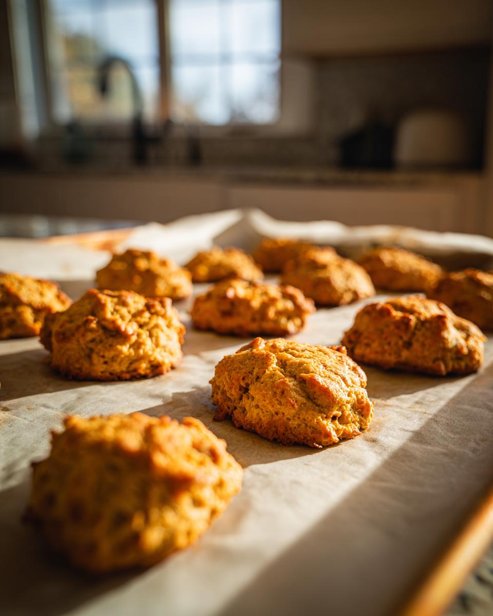 Close-up of freshly baked Homemade Salmon Cat Biscuits on parchment paper.