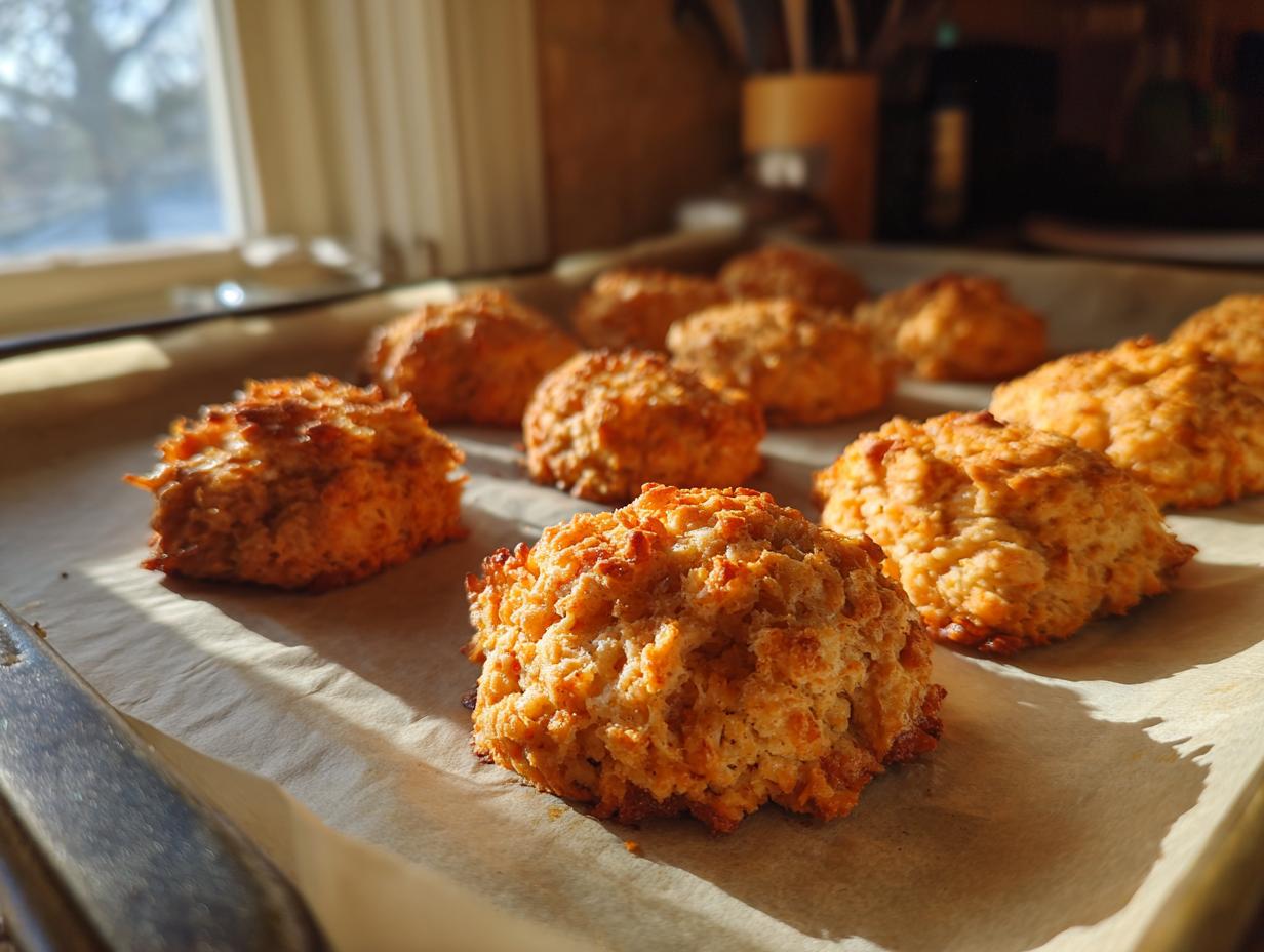 Close-up of freshly baked Homemade Salmon Cat Biscuits on a baking sheet, ready to cool.