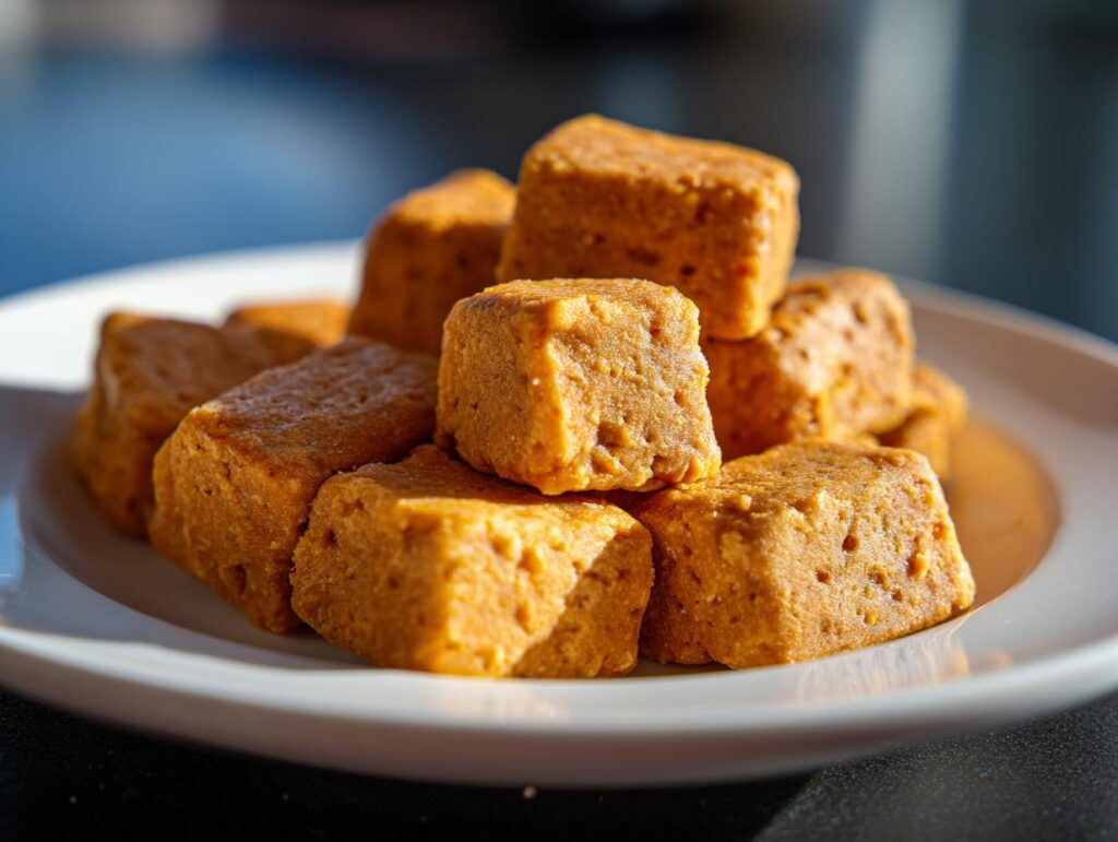 Close-up of a pile of delicious homemade hypoallergenic cat treats on a white plate.