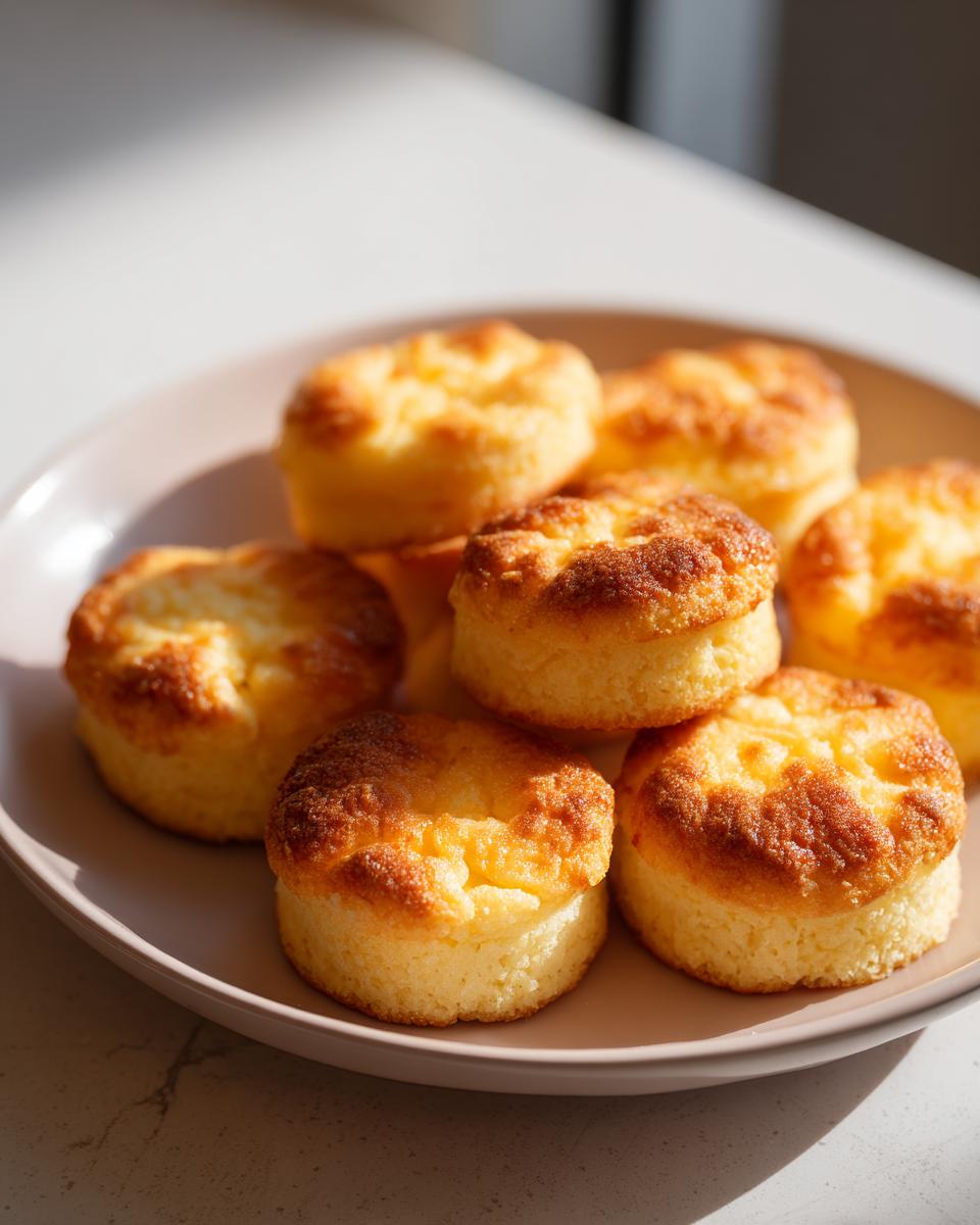 Close-up of a plate with several freshly baked hypoallergenic cat treats, golden brown and fluffy.