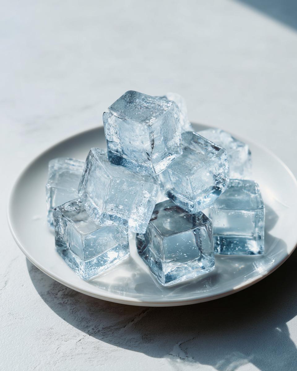 Close-up of ice cubes on a white plate, perfect for making Homemade Cat Ice Treats.