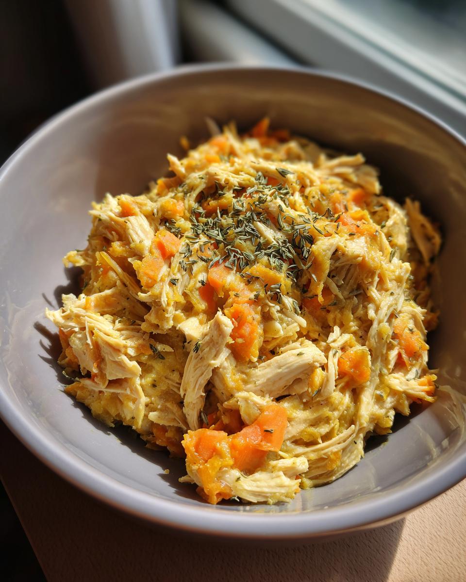 A bowl of homemade indoor cat weight control meal, featuring shredded chicken and carrots.