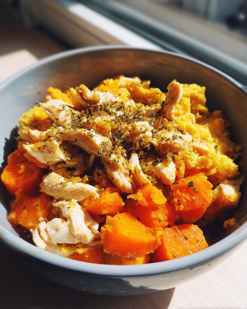 A bowl of a healthy indoor cat weight control meal with chicken, sweet potato, and herbs.