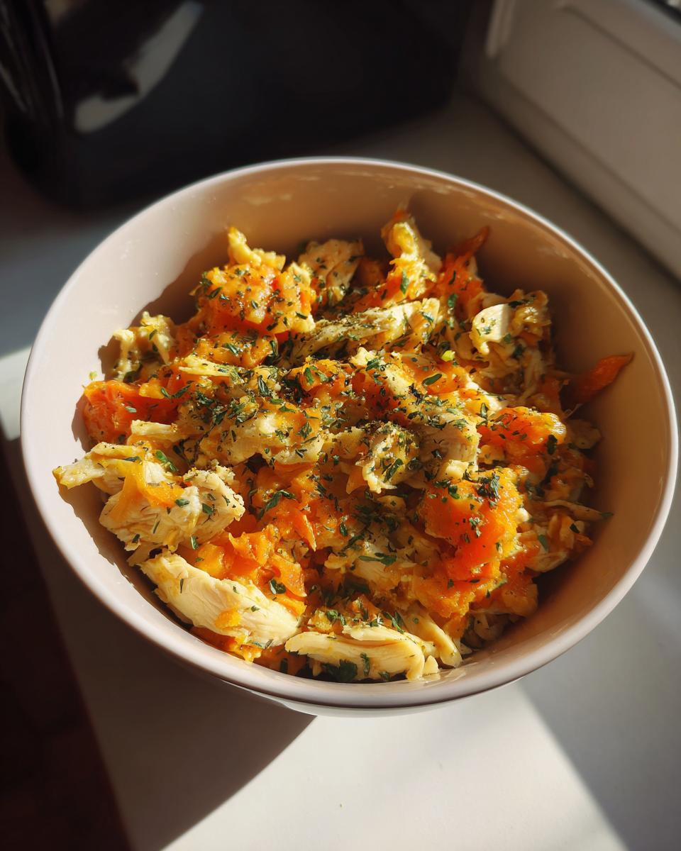 Close-up of an indoor cat weight control meal in a bowl, with chicken and carrots.