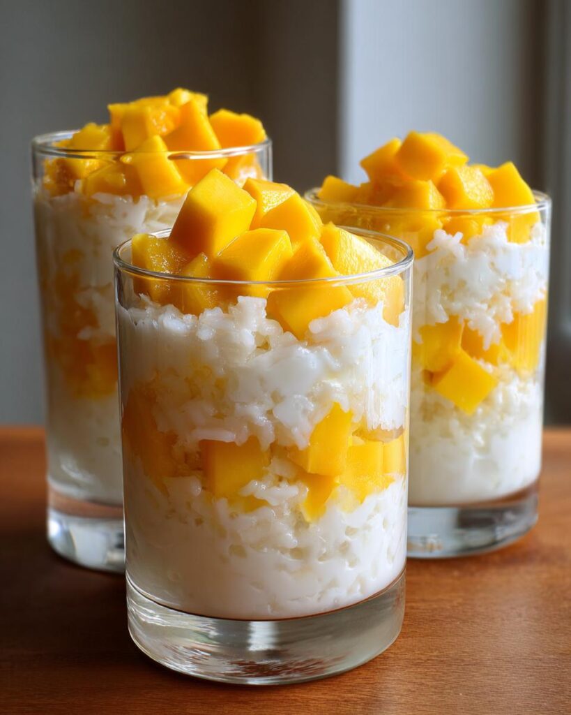 Three glasses of Mango Coconut Pudding Parfait layered with rice and fresh mango cubes.
