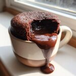 Close-up of a Decadent Microwave Chocolate Lava Mug Cake with molten chocolate.