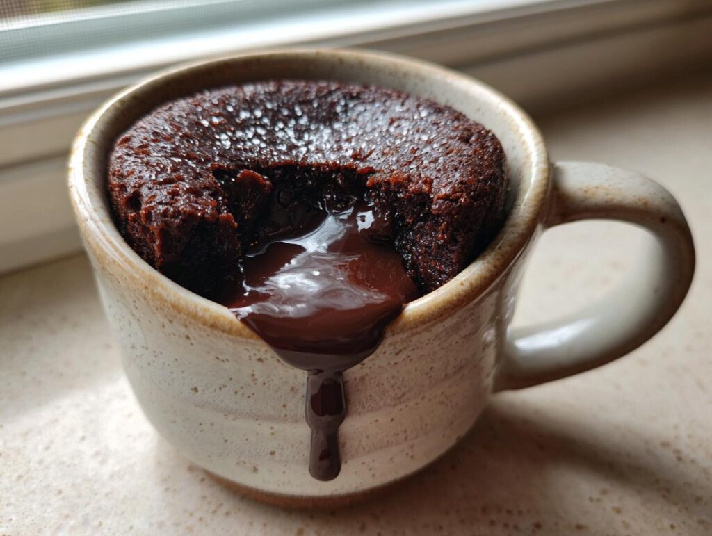Close-up of a Decadent Microwave Chocolate Lava Mug Cake with molten chocolate.