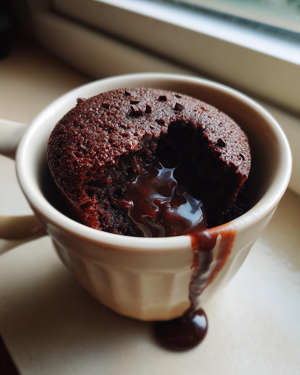 Close-up of a Decadent Microwave Chocolate Lava Mug Cake with molten chocolate flowing out.