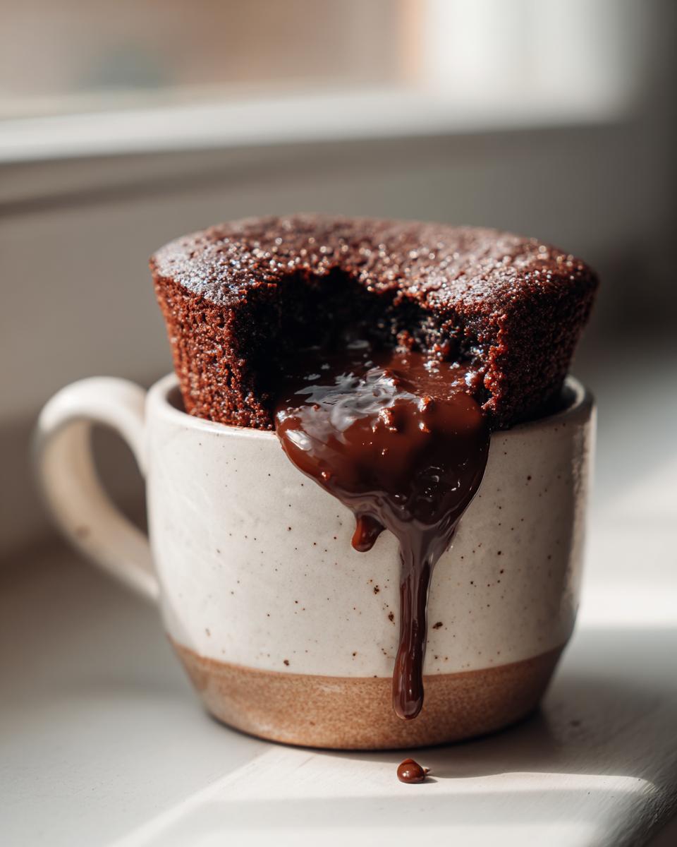 Close-up of a Decadent Microwave Chocolate Lava Mug Cake with molten chocolate flowing out.