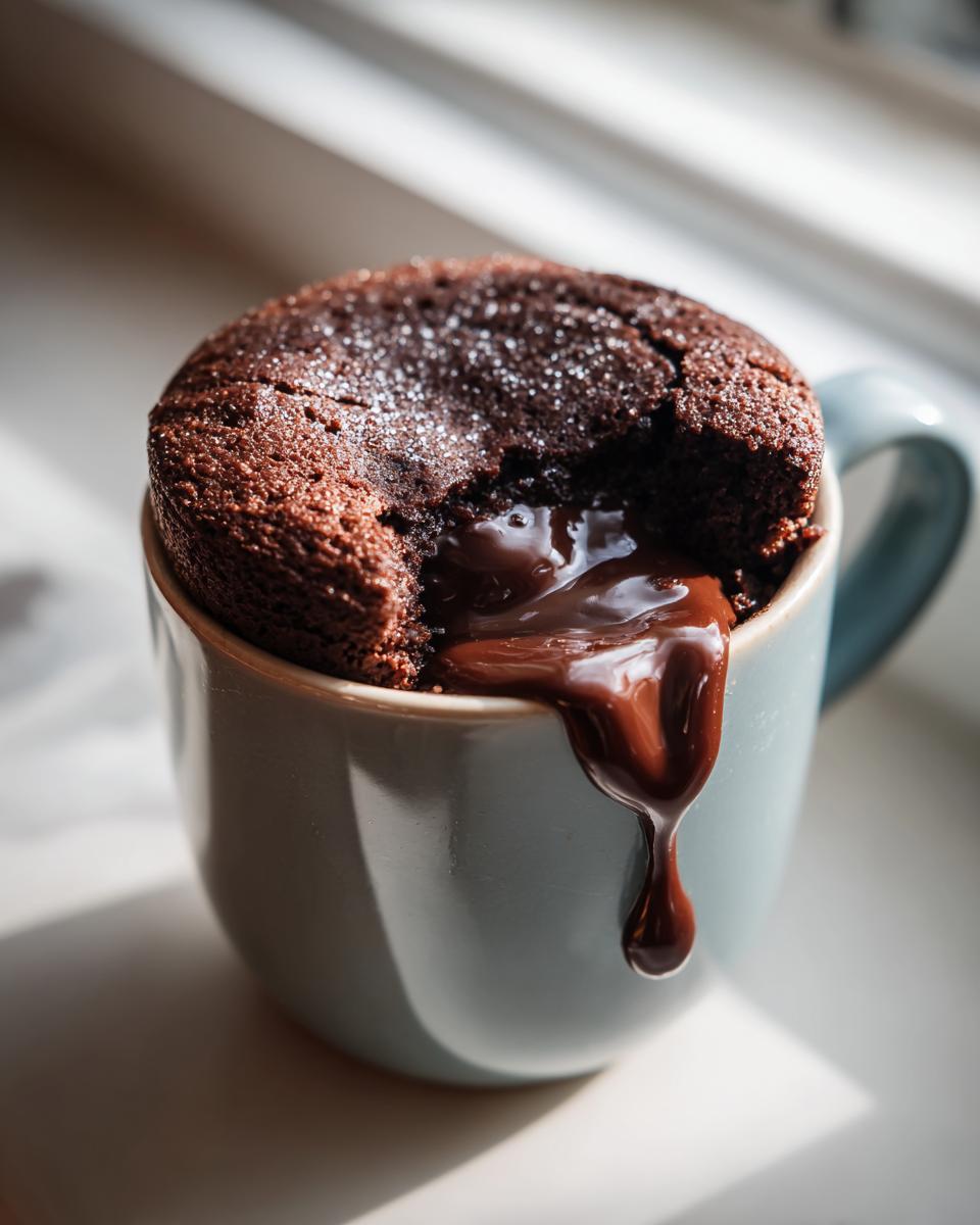 Close-up of a Decadent Microwave Chocolate Lava Mug Cake with oozing melted chocolate, served in a mug.
