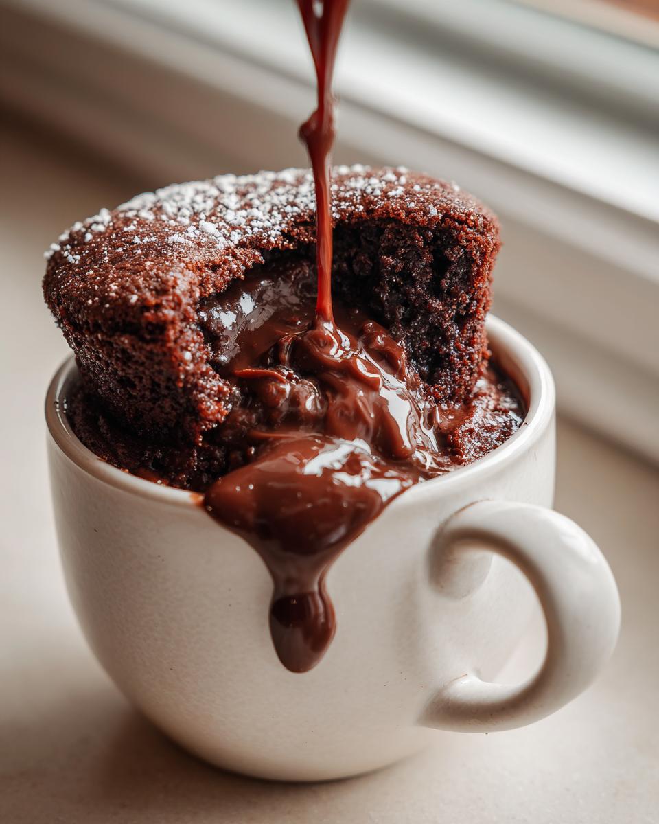 Close-up of a Decadent Microwave Chocolate Lava Mug Cake with molten chocolate pouring out.