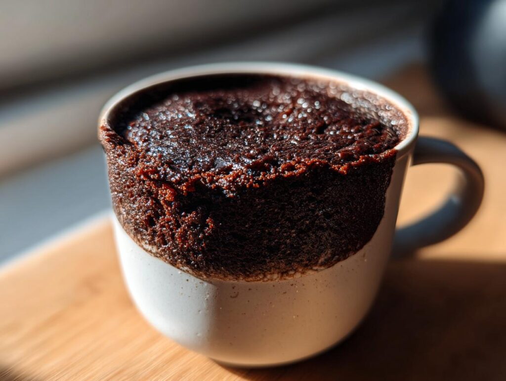 Close-up of a freshly made Microwave Fudgy Brownie for One in a white mug.