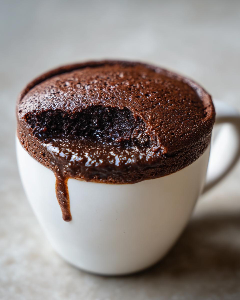 Close-up of a Microwave Fudgy Brownie for One in a white mug, with a bite taken out.