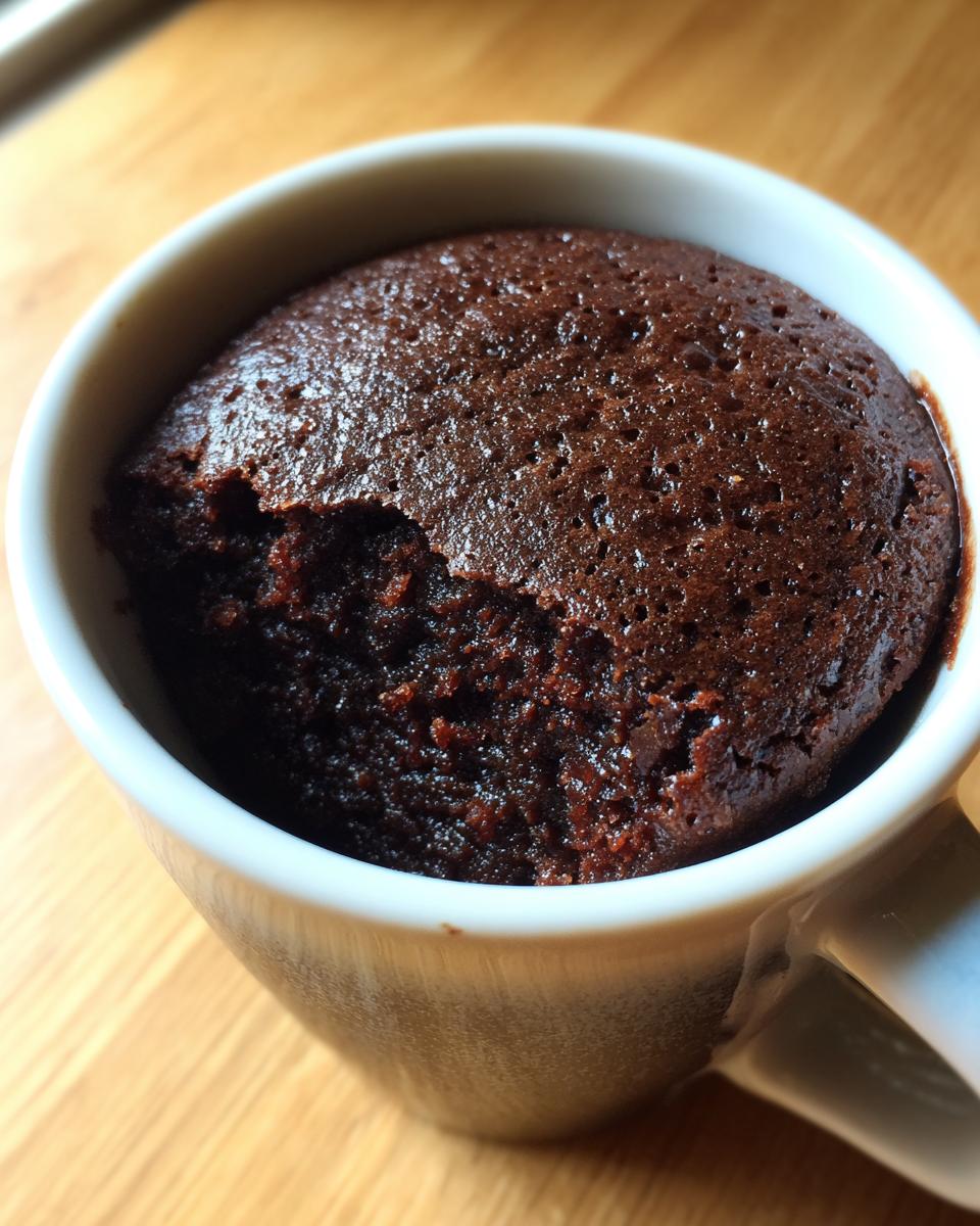 Close-up of a Microwave Fudgy Brownie for One in a white mug with a bite taken out.