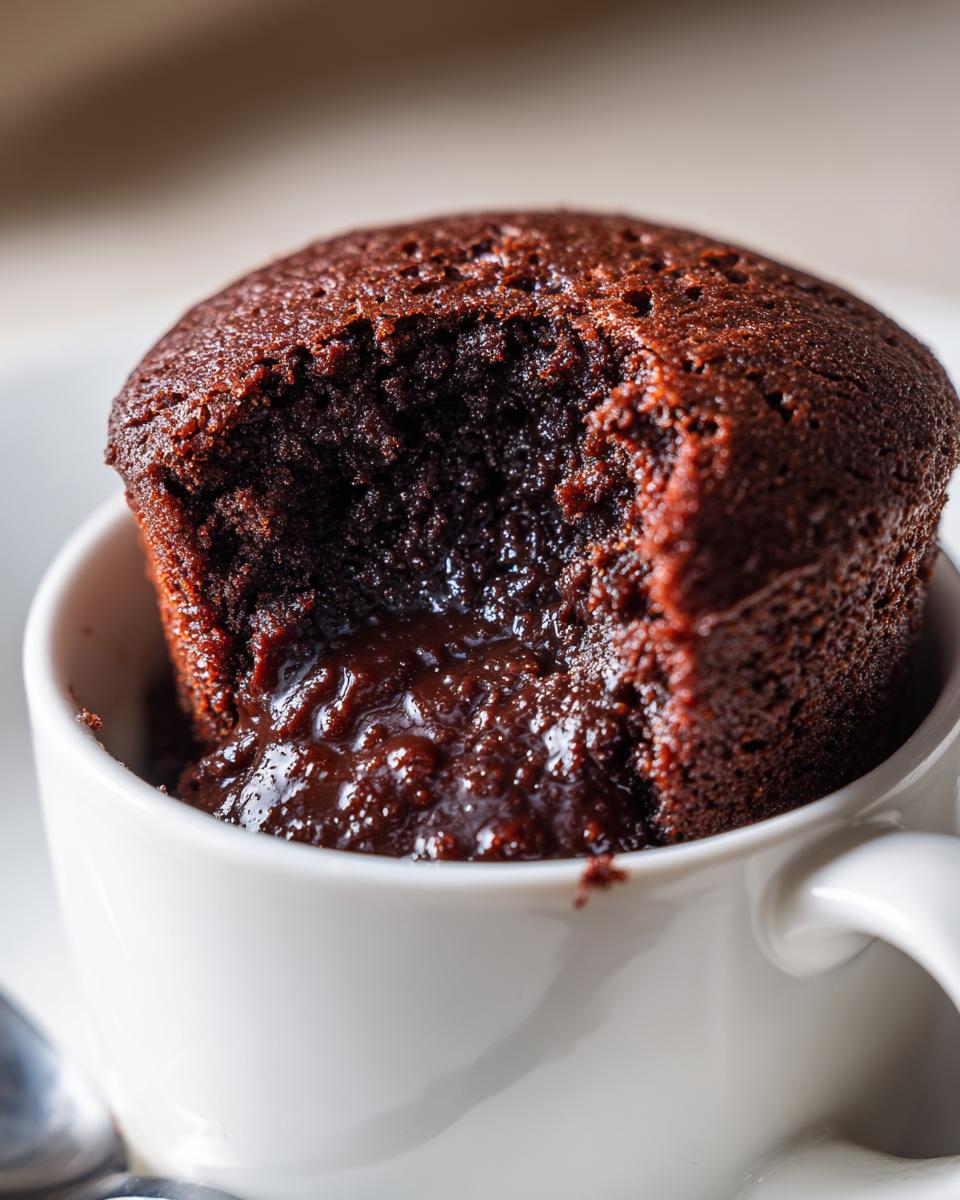 Close-up of a Microwave Fudgy Brownie for One in a mug, with a molten chocolate center.