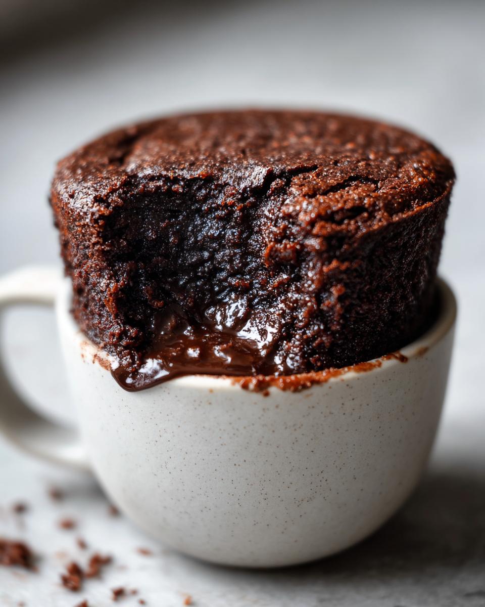Close-up of a Microwave Fudgy Brownie for One in a mug with a bite taken out, showing the gooey center.