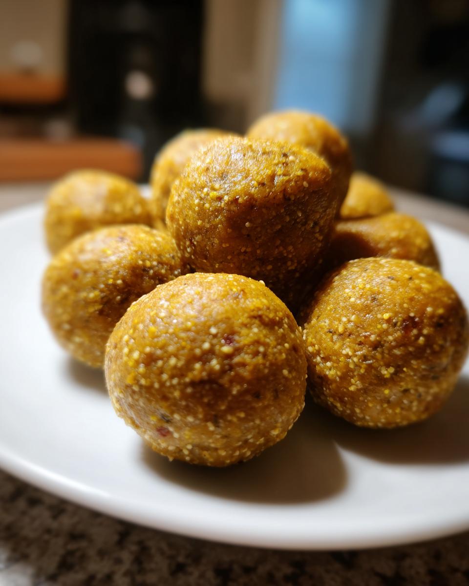 Close-up of a pile of homemade No-Bake Cat Treat Balls on a white plate.