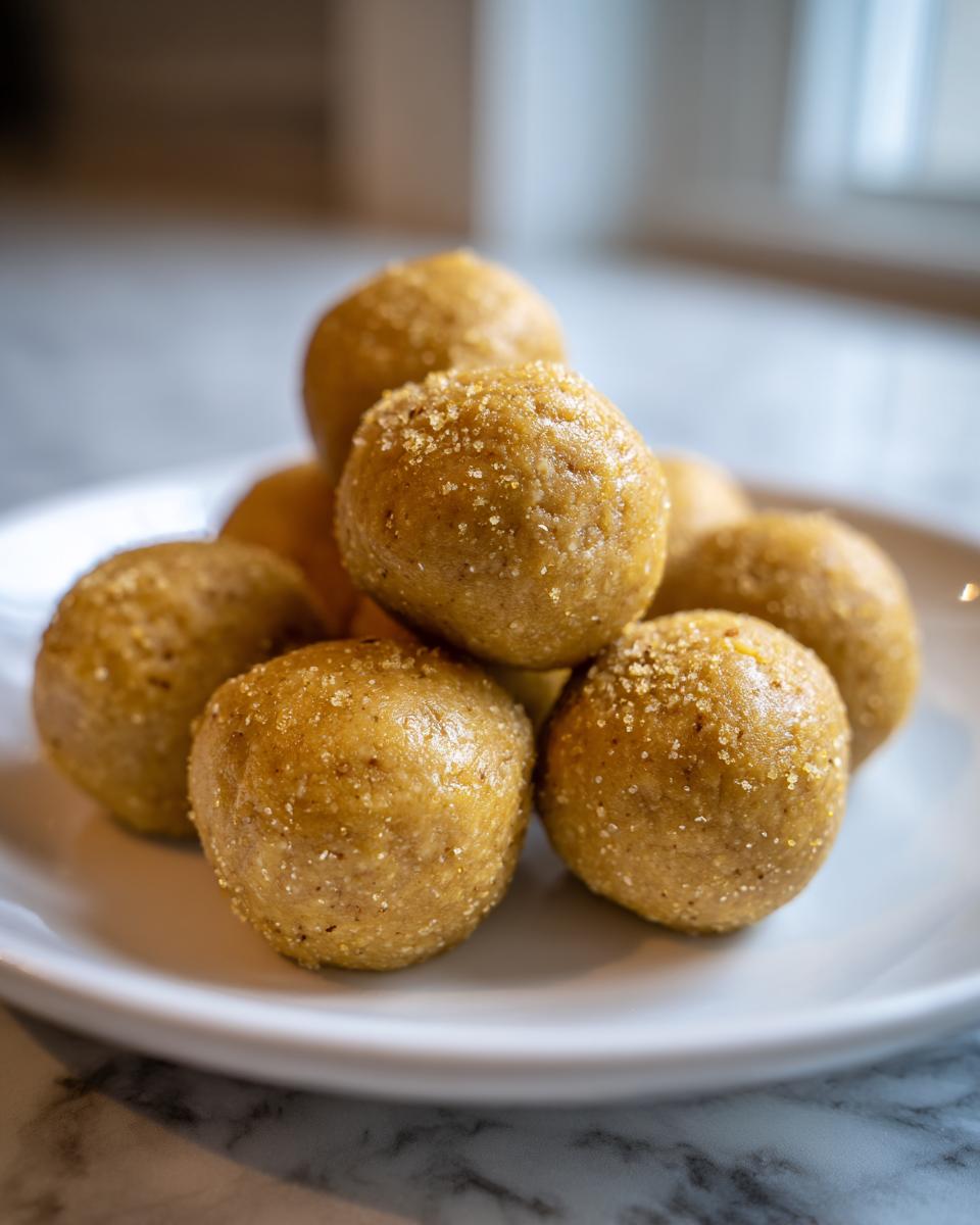 Close-up of a plate with a pile of homemade No-Bake Cat Treat Balls, a healthy treat for cats.