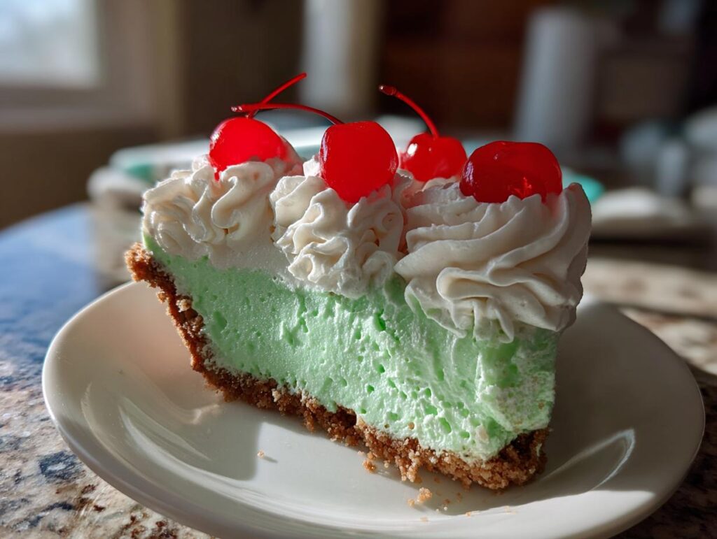 A slice of No-Bake Shamrock Shake Icebox Pie on a white plate, topped with whipped cream and cherries.