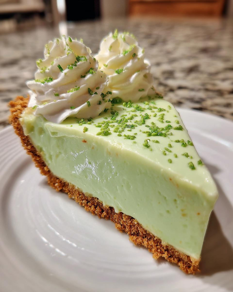 A slice of No Bake Shamrock Shake Pie on a white plate, topped with whipped cream.