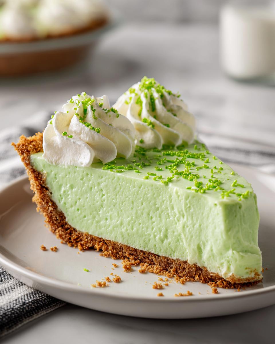 A slice of No Bake Shamrock Shake Pie on a plate with whipped cream.