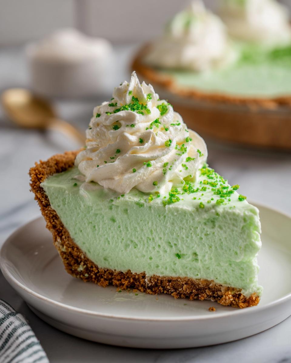 A slice of No Bake Shamrock Shake Pie with whipped cream and green sprinkles on a plate.