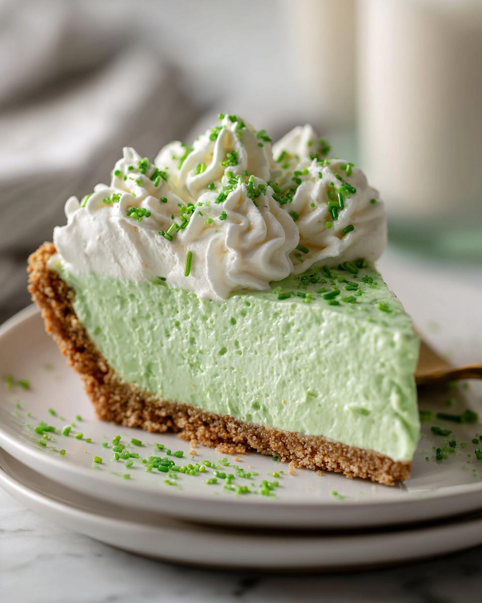 A slice of No Bake Shamrock Shake Pie with whipped cream and green sprinkles on a plate.