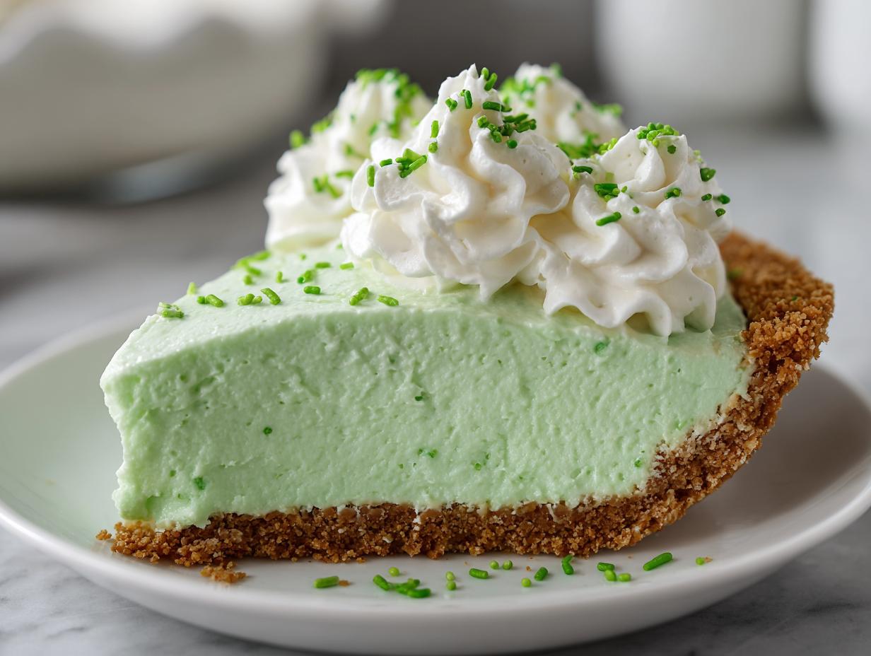 A slice of No Bake Shamrock Shake Pie on a white plate, topped with whipped cream and sprinkles.
