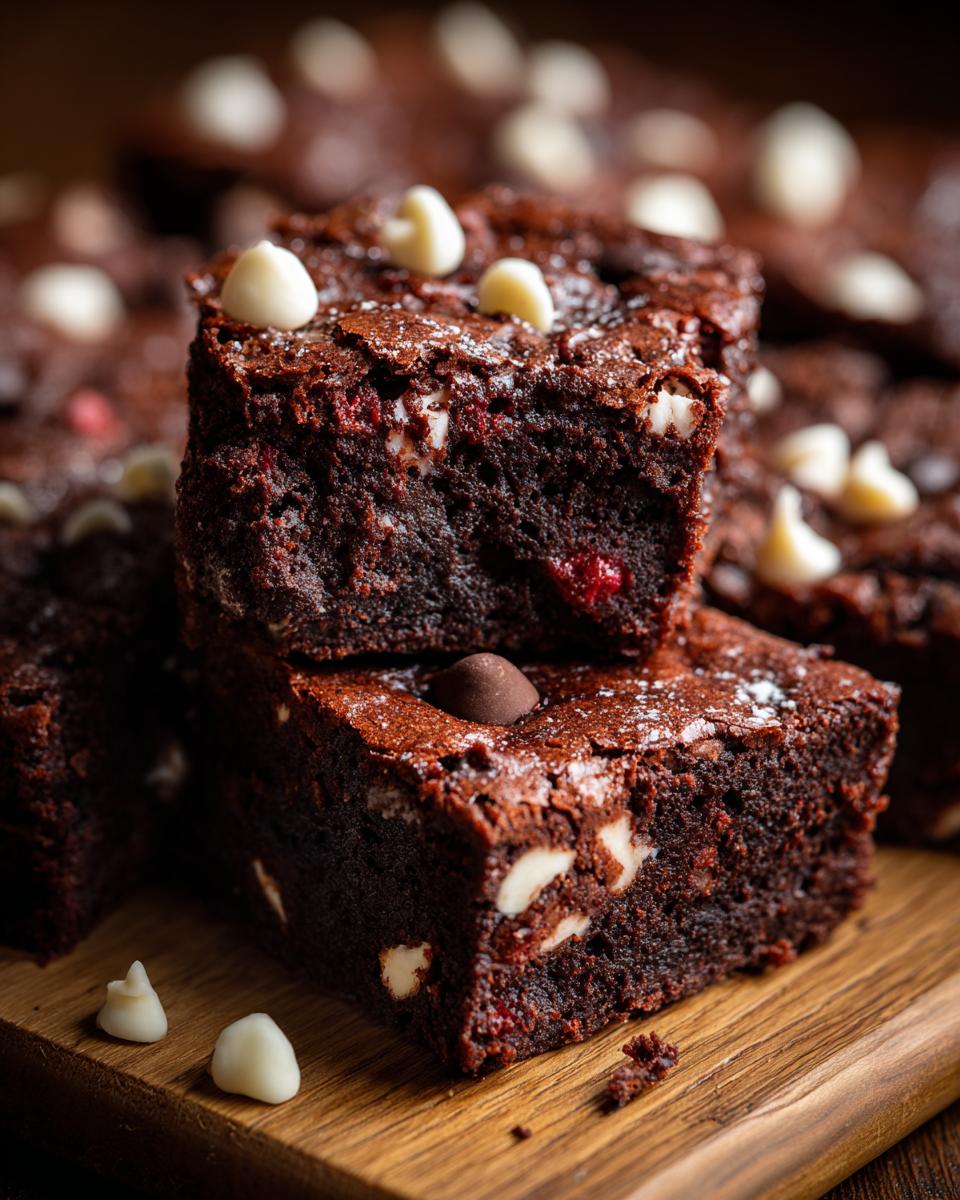 Close-up of a slice of One-Bowl Triple Chocolate Fudge Sheet Cake with white chocolate chips.