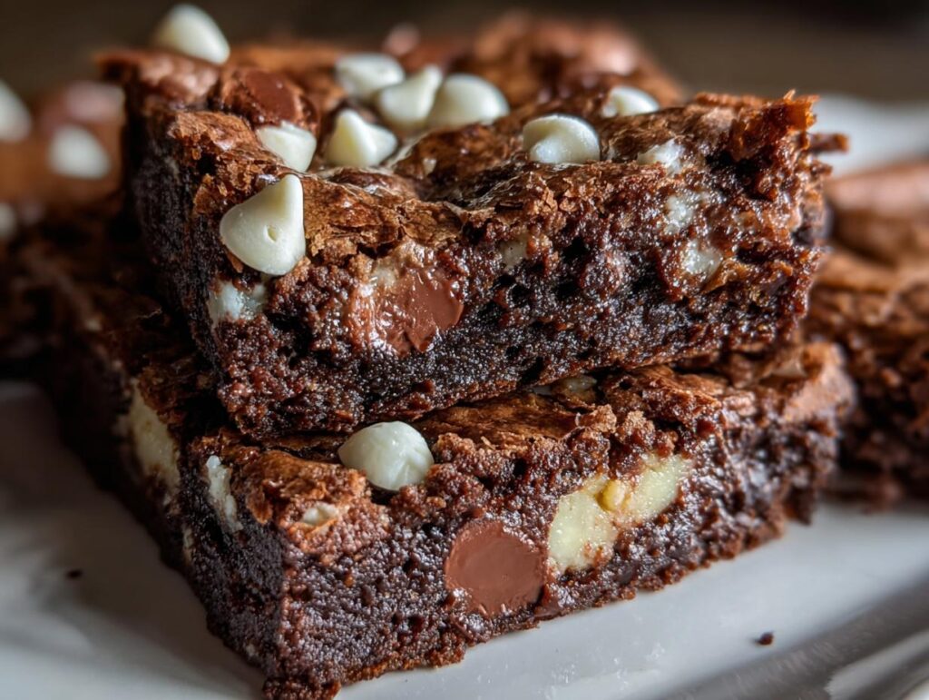 Close-up of a slice of One-Bowl Triple Chocolate Fudge Sheet Cake with white chocolate chips.