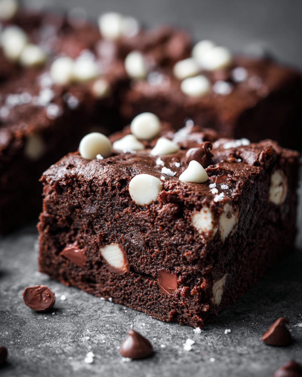 Close-up of a slice of One-Bowl Triple Chocolate Fudge Sheet Cake with white chocolate chips.