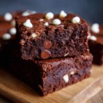 Close-up of stacked slices of One-Bowl Triple Chocolate Fudge Sheet Cake with chocolate and white chocolate chips.