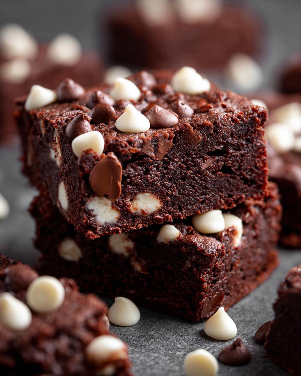 Close-up of stacked squares of One-Bowl Triple Chocolate Fudge Sheet Cake with chocolate and white chocolate chips.