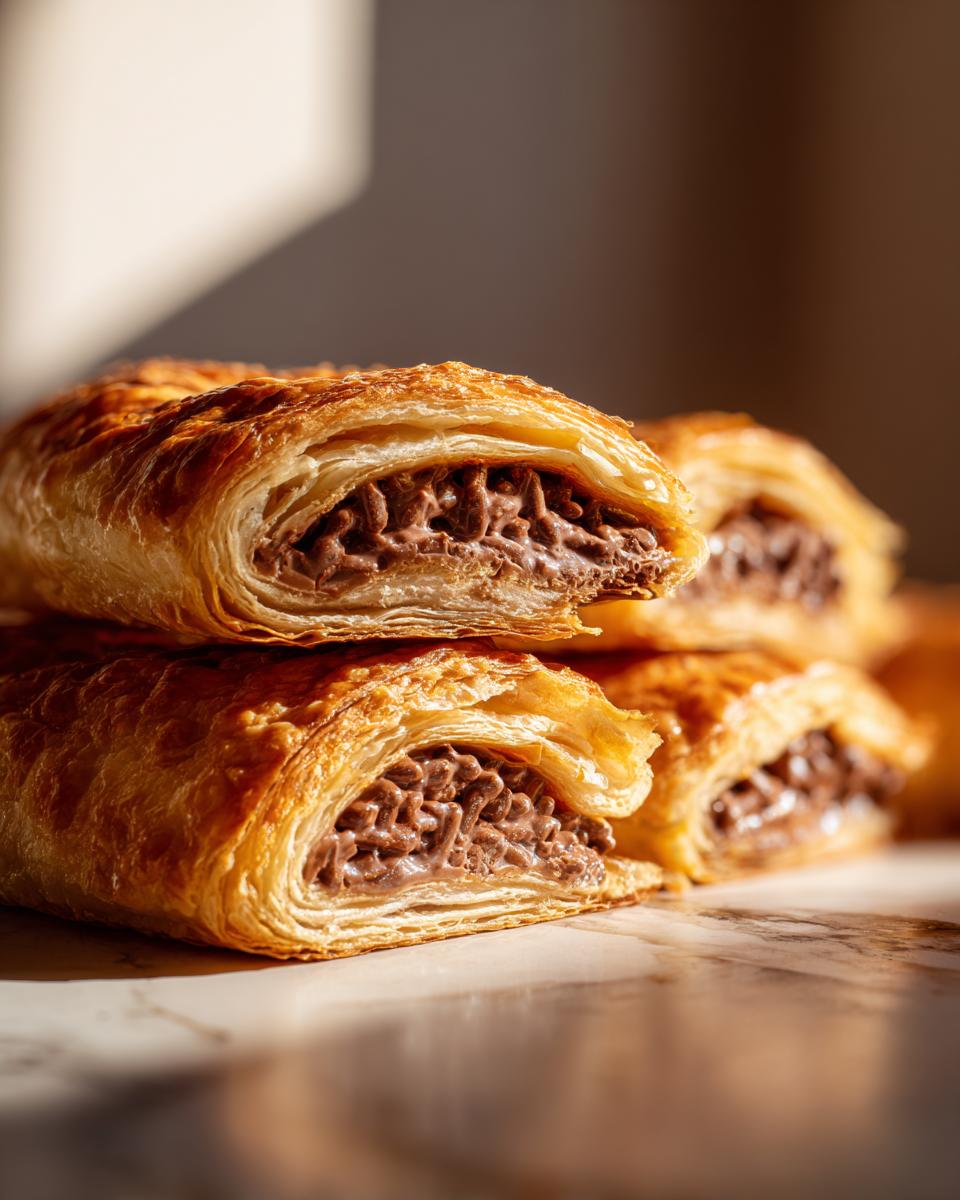 Close-up of golden Puff-Pastry Chocolate Crunch Wraps, showing flaky layers and chocolate filling.