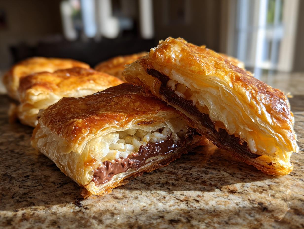 Close-up of a Puff-Pastry Chocolate Crunch Wrap, showing flaky pastry and chocolate filling.