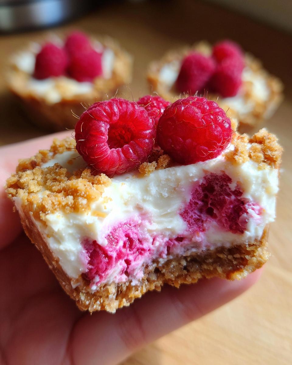 Close-up of a Raspberry Cream Cheese Bite, with fresh raspberries and a crumb topping.