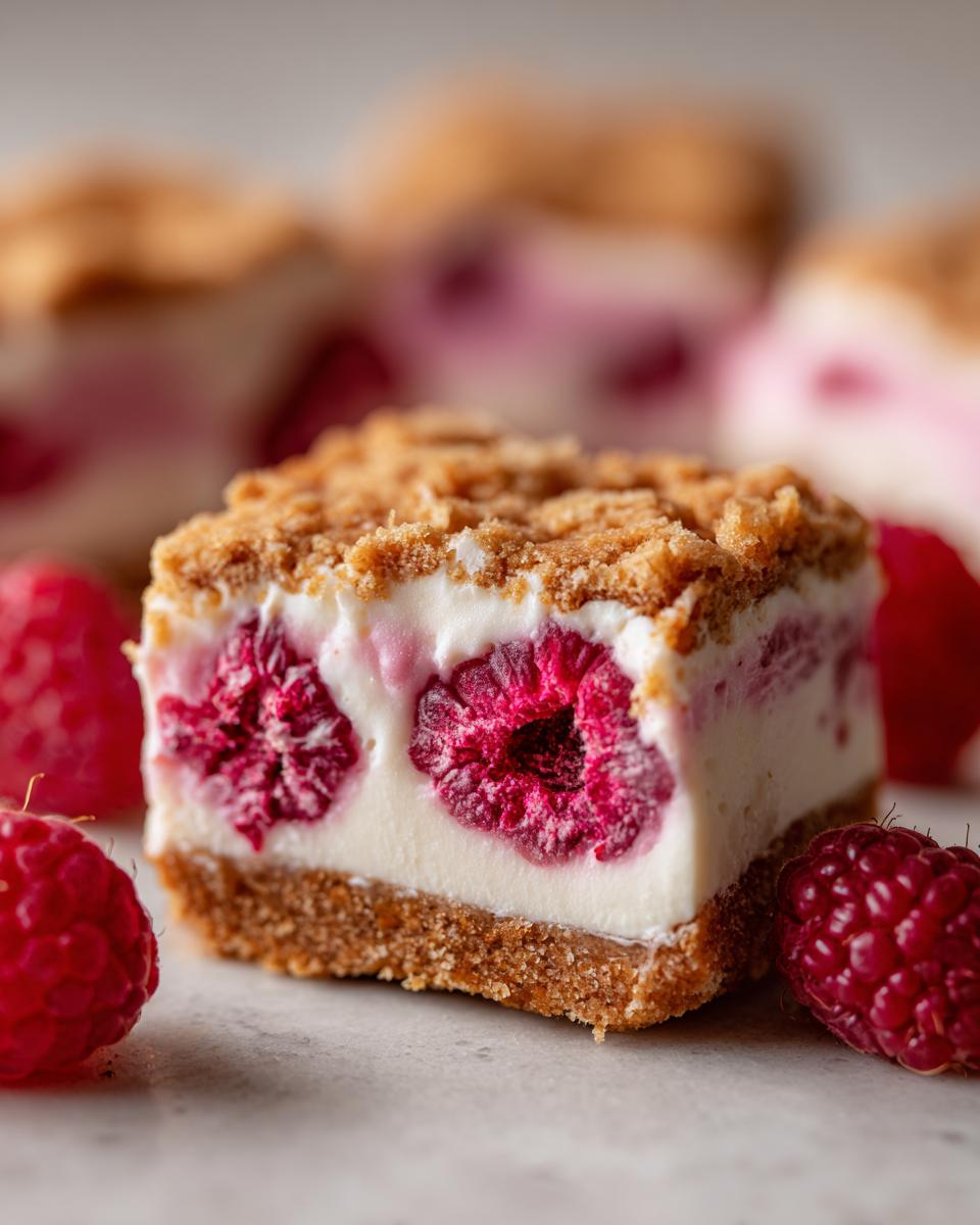 Close-up of a Raspberry Cream Cheese Bite with fresh raspberries and crumb topping.