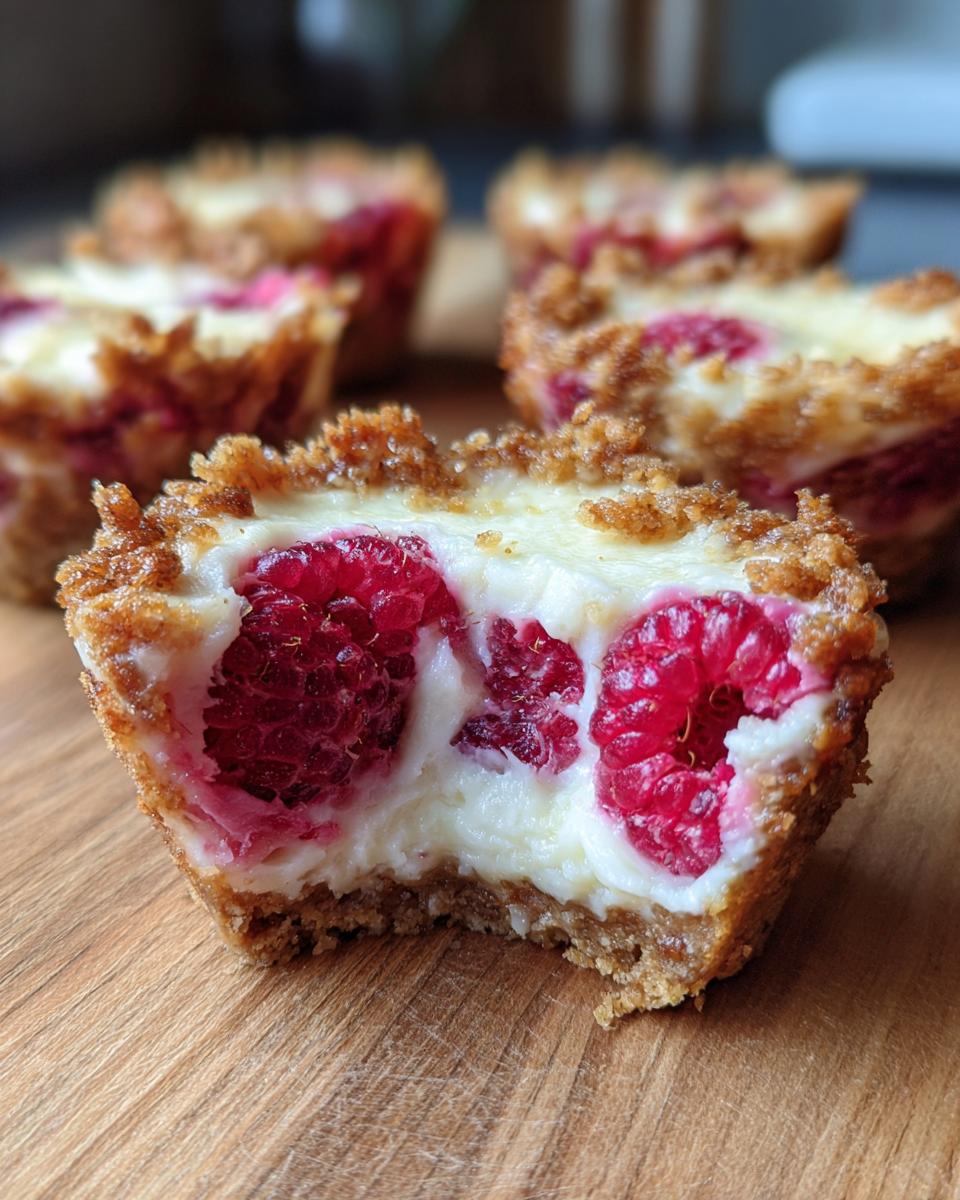 Close-up of a Raspberry Cream Cheese Bite with a bite taken out, showing the filling and raspberries.