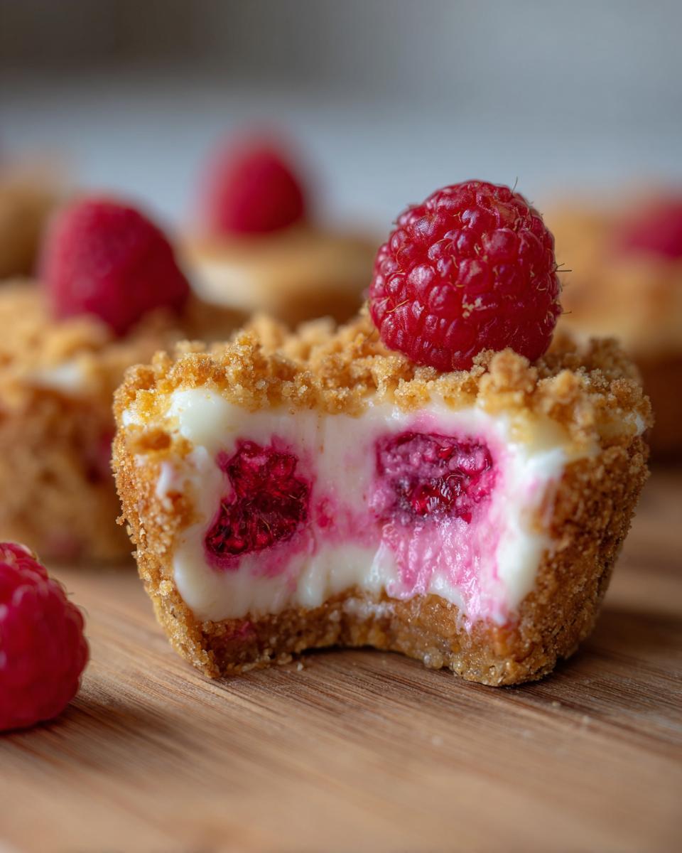 Close-up of a Raspberry Cream Cheese Bite with a bite taken out, showing the filling and a fresh raspberry on top. The primary keyword is Raspberry Cream Cheese Bites.