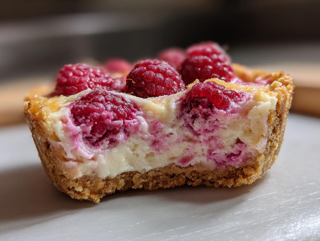 Close-up of a Raspberry Cream Cheese Bite, showing the layers of crust, cream cheese, and fresh raspberries.