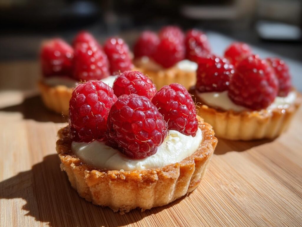 Close-up of delicious Raspberry Cream Cheese Mini Tarts with fresh raspberries.