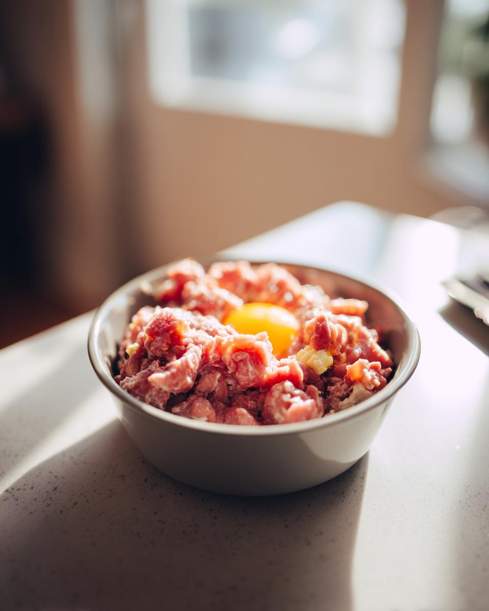 Close-up of a bowl of raw protein cat meal, with an egg yolk on top, ready to serve.