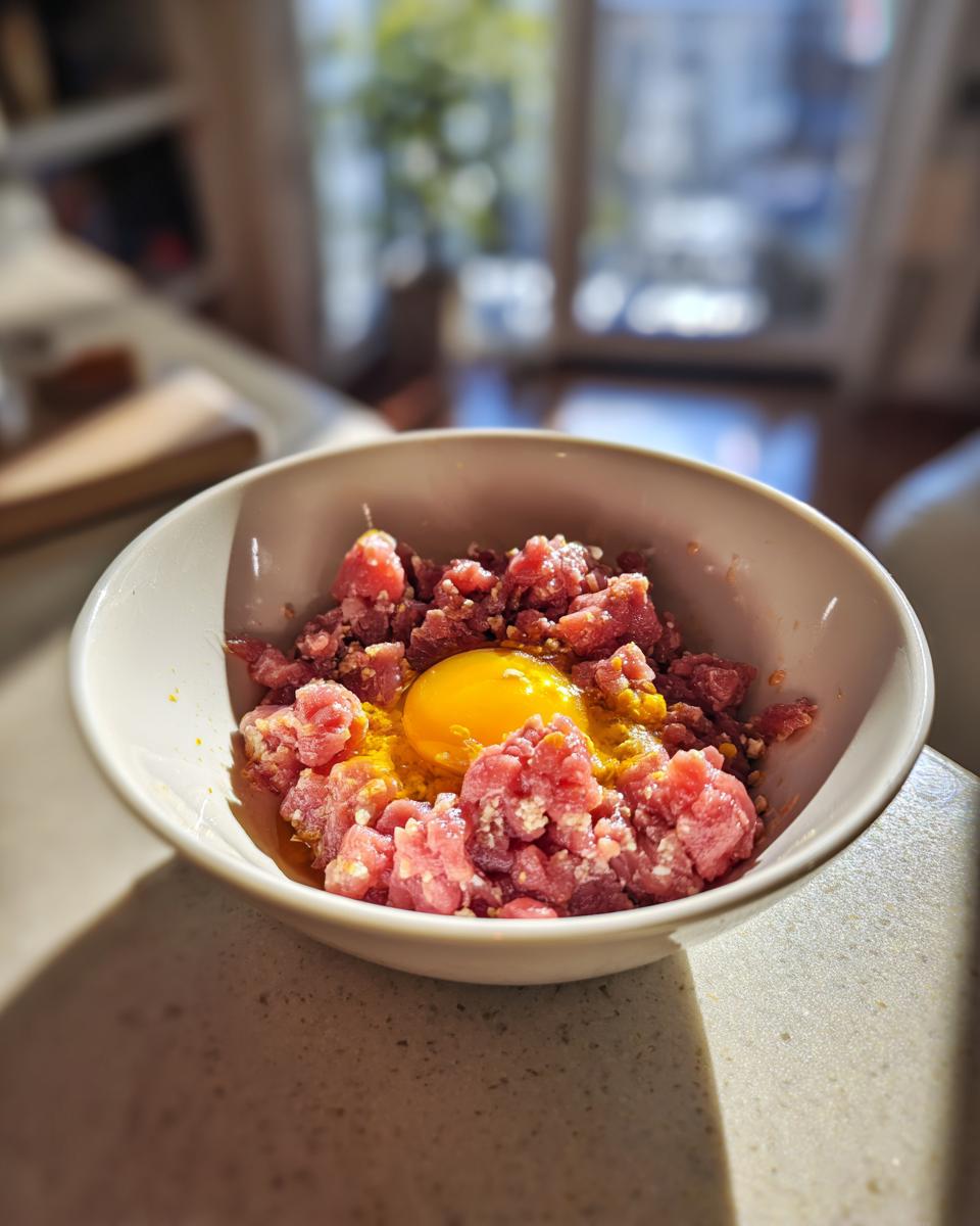 Bowl of raw meat and egg yolk, ingredients for a Raw Protein Cat Meal.